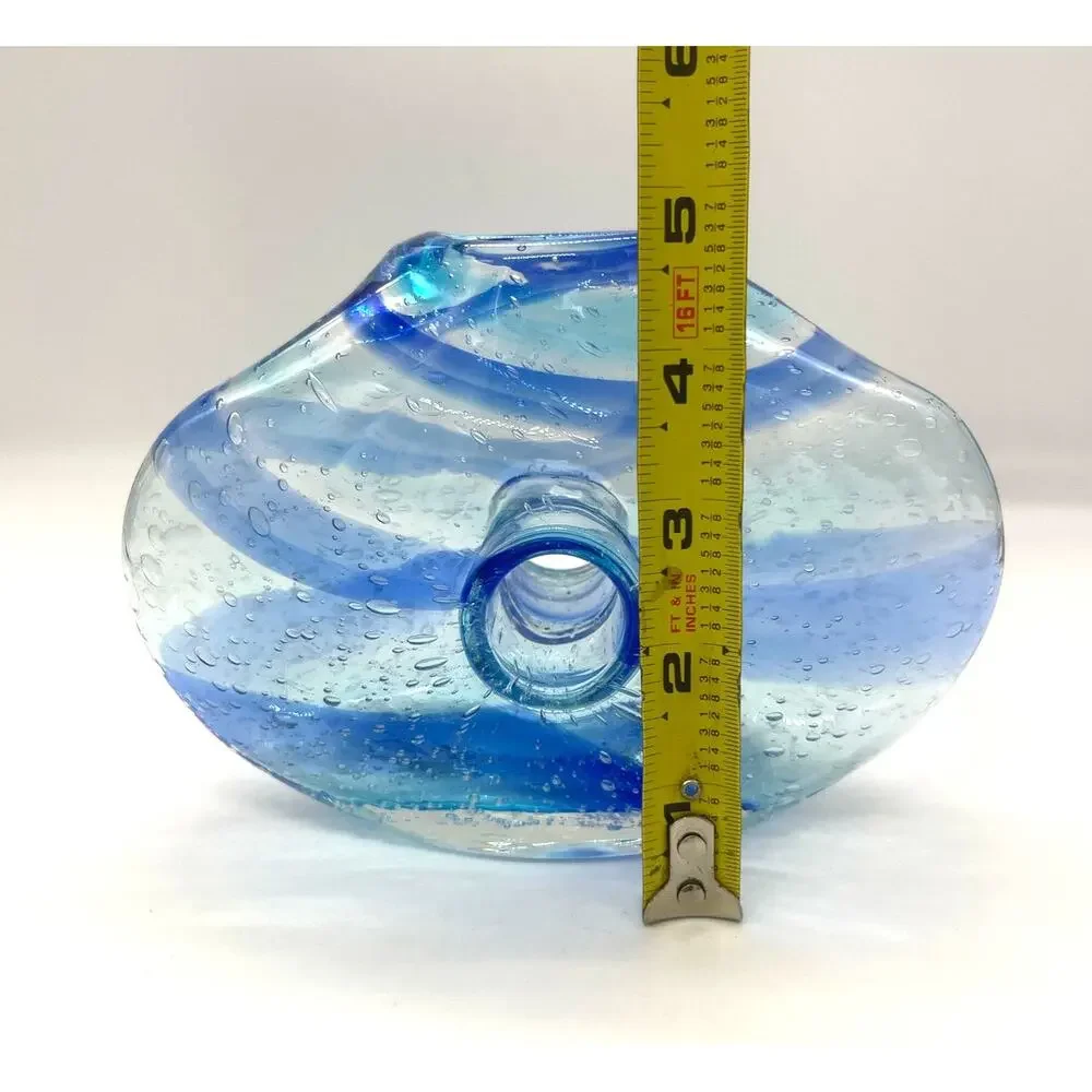 Italian Art Glass Vase with Donut Hole Blue Ribbon Swirls Hand Blown 7